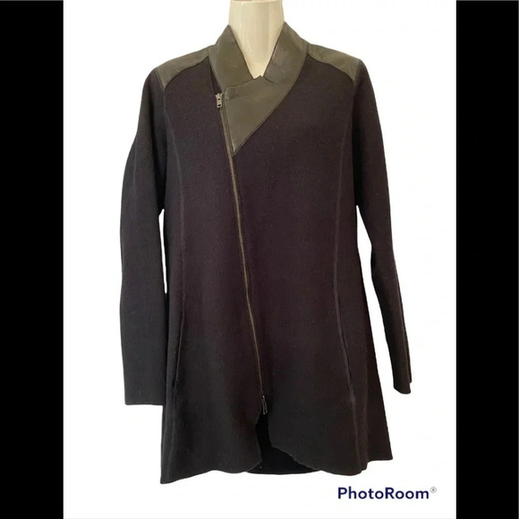 Eileen Fisher Black Wool Leather Jacket - Picture 2 of 8